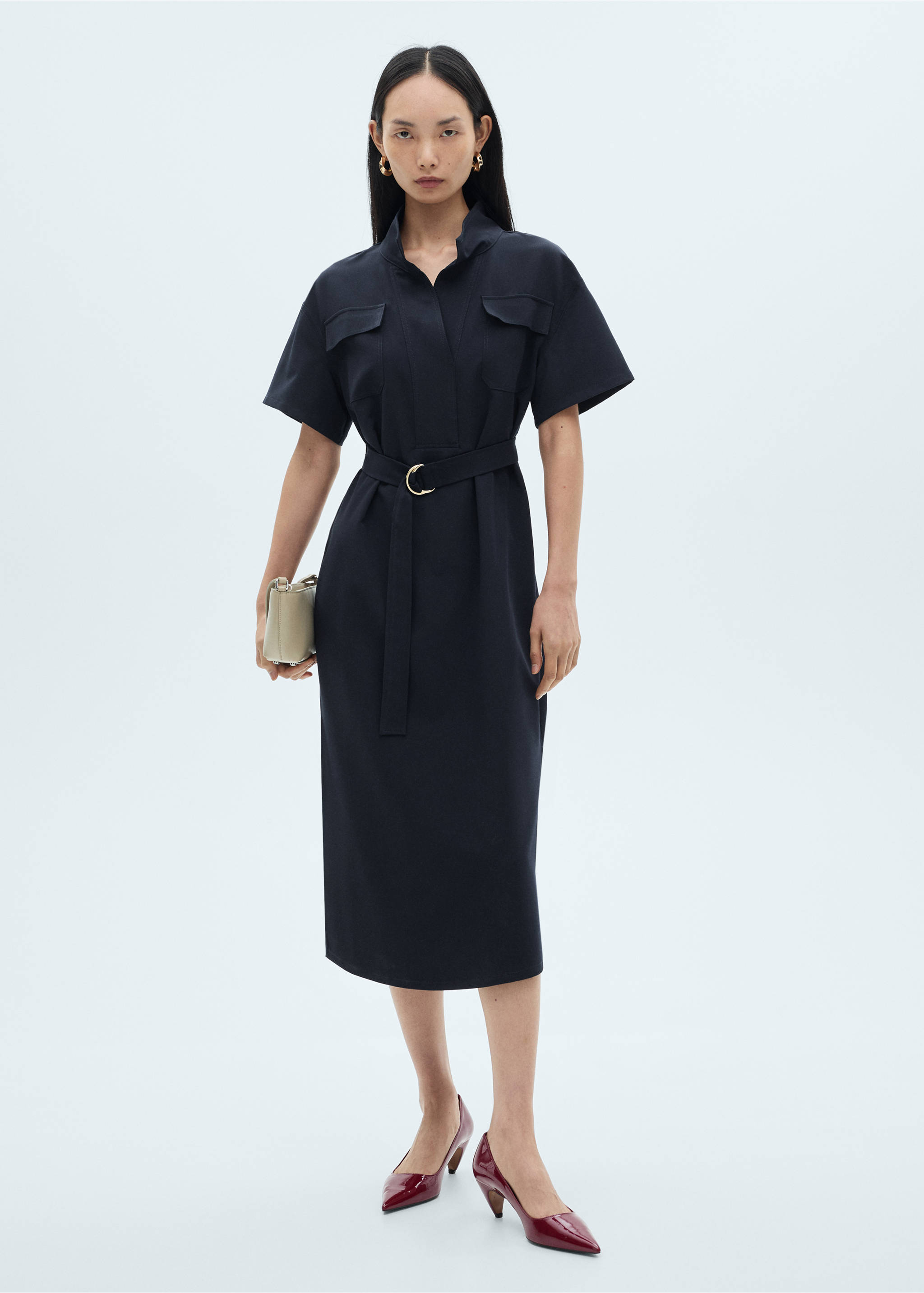 Short-sleeved dress with belt - General plane, Blue. Ref: 87090595-00.