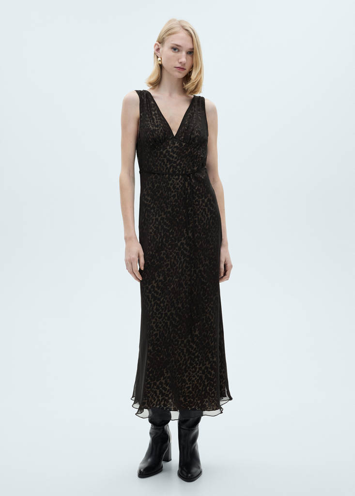 MANGO - Robe col en V imprimé animal noir - XL