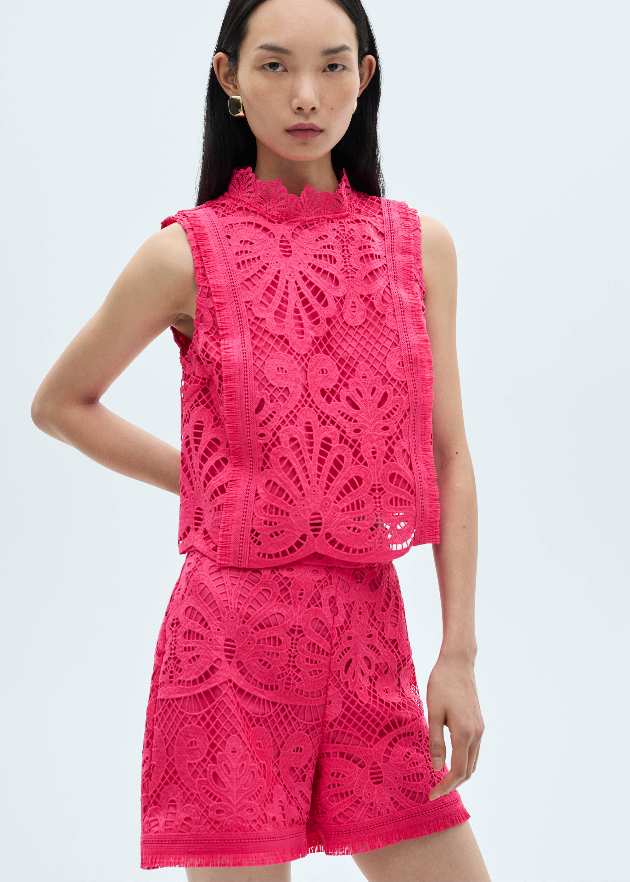 Crochet perkins-neck top - Medium plane, Fuchsia. Ref: 87092530-00.