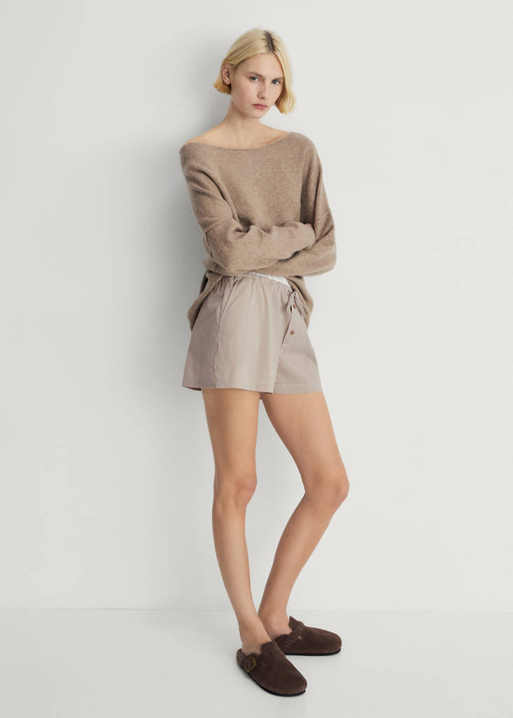 Striped pyjama shorts with elasticated detail — Medium Brown