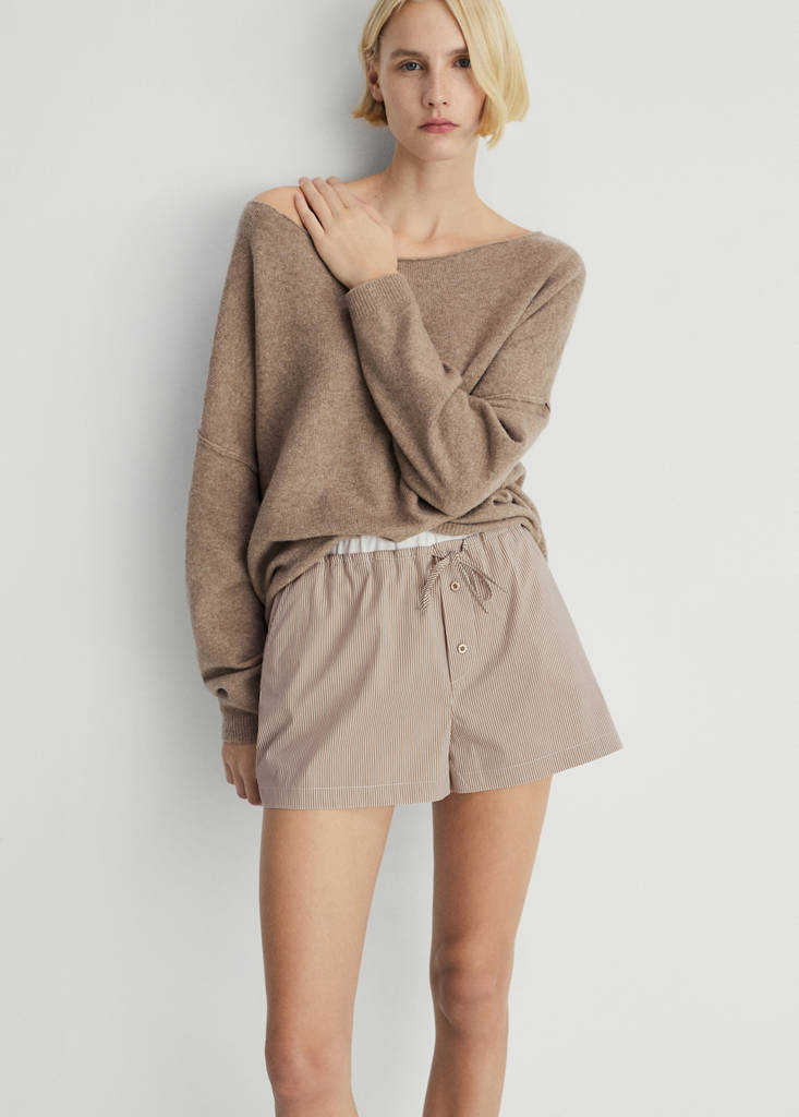 Striped pyjama shorts with elasticated detail — Medium Brown