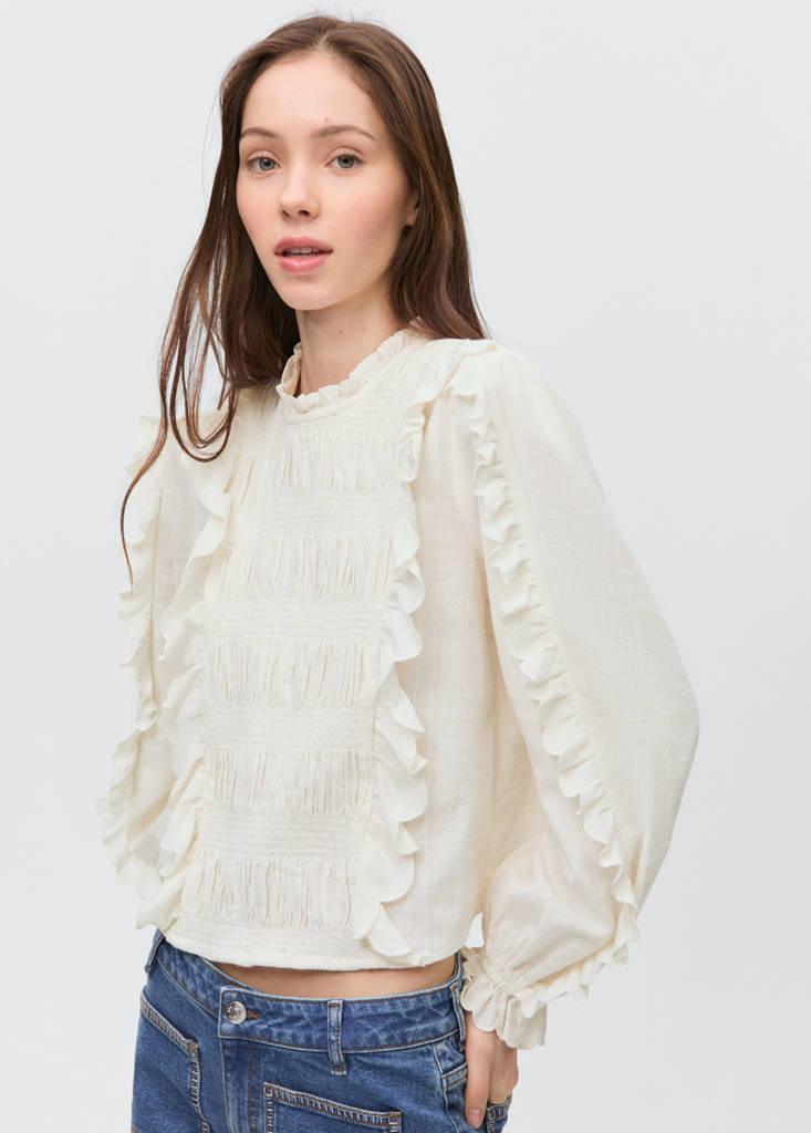 Ruched blouse with ruffles — Off White