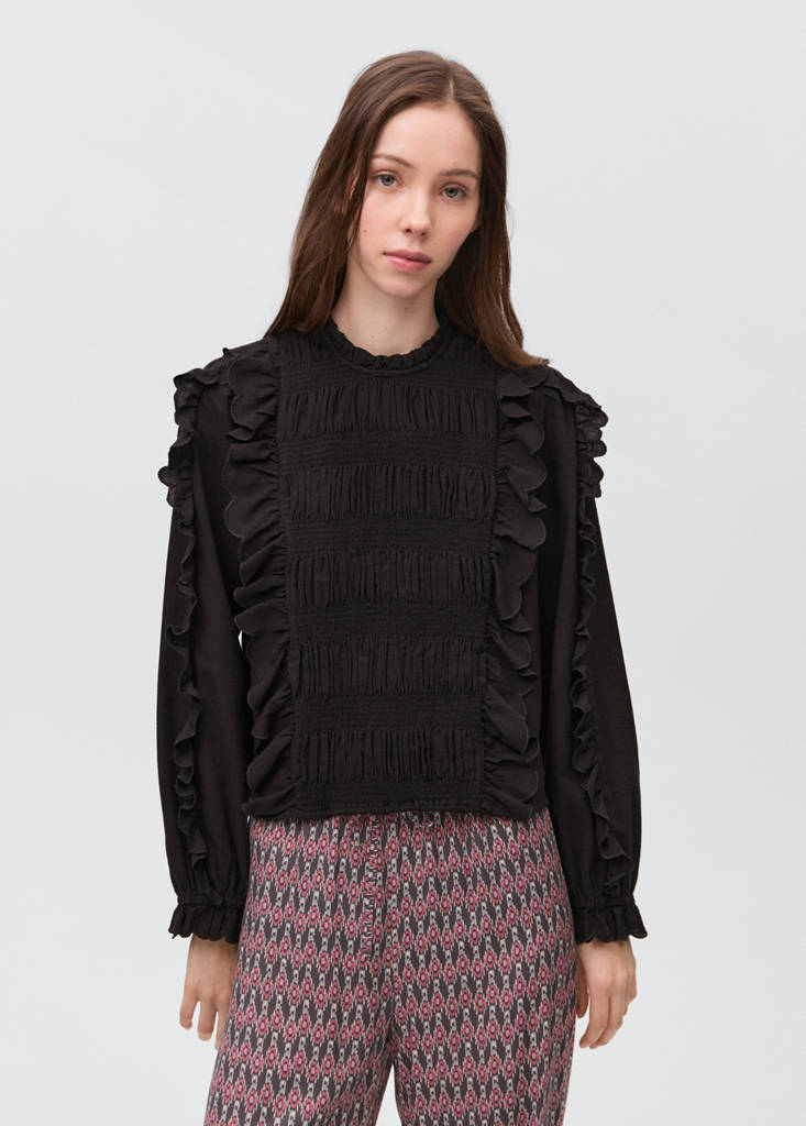 Ruched blouse with ruffles — Black