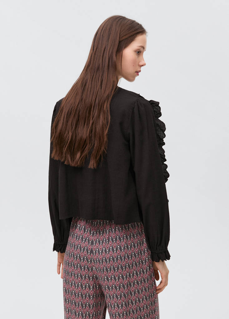 Ruched blouse with ruffles — Black