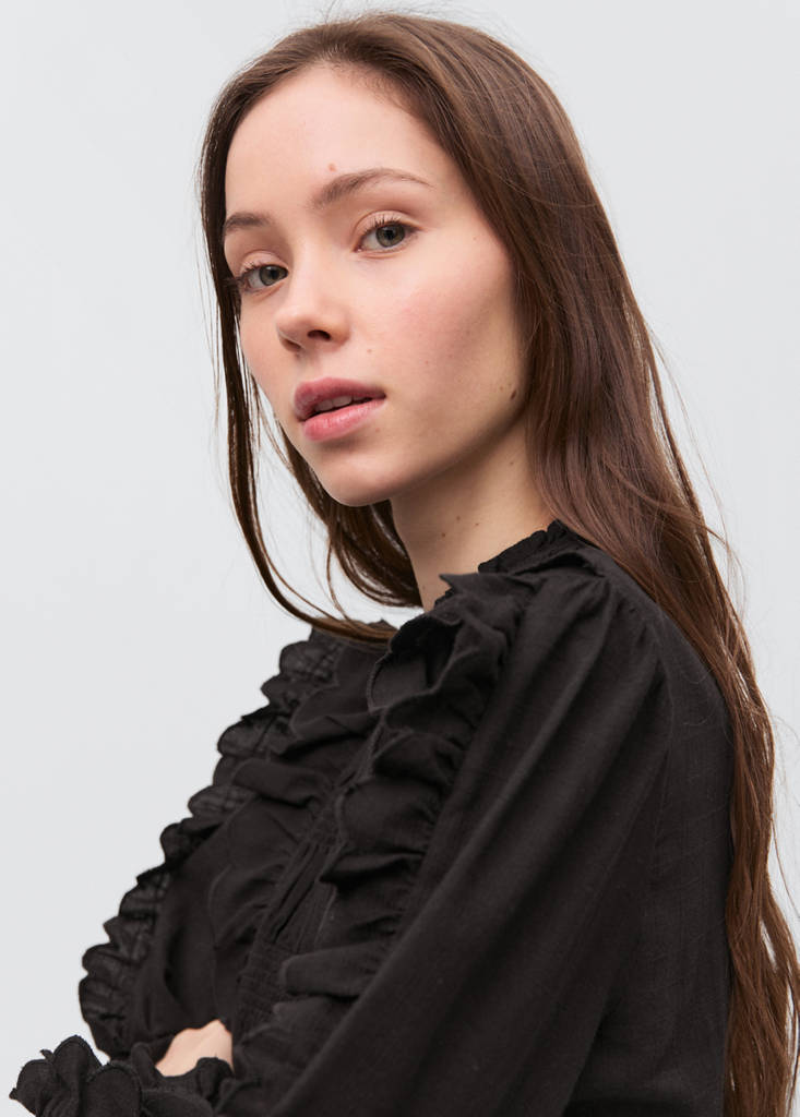 Ruched blouse with ruffles — Black