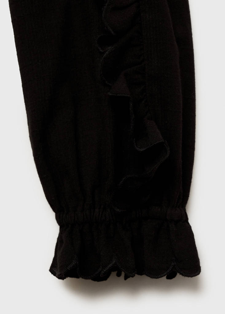 Ruched blouse with ruffles — Black