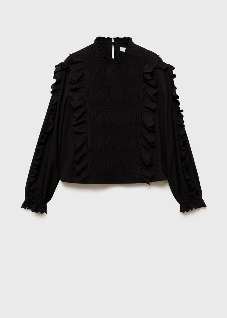 Ruched blouse with ruffles — Black