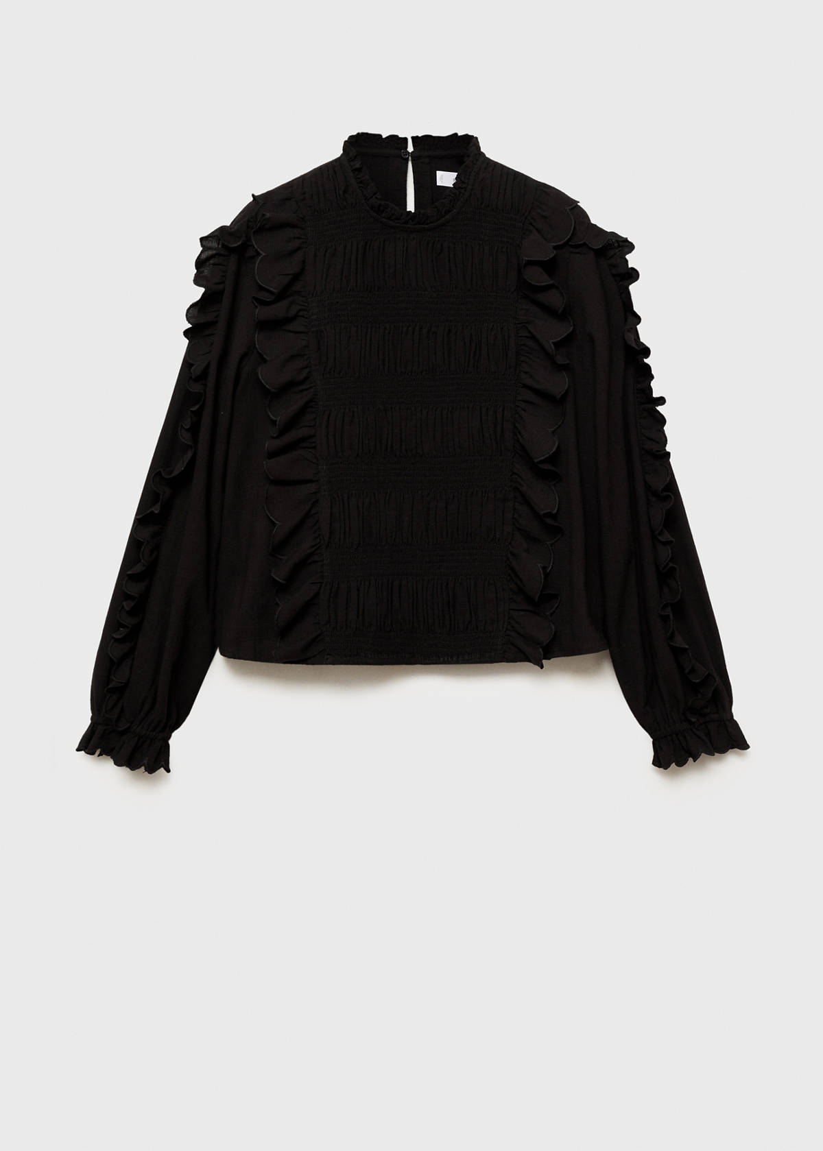 Ruched blouse with ruffles — Black