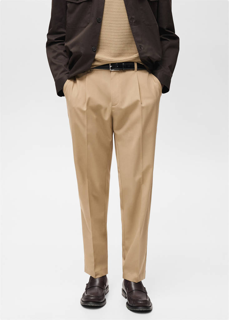 Slim-fit pleated cool wool trousers — Medium Brown