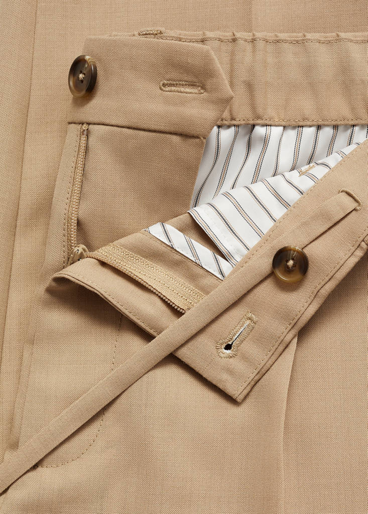 Slim-fit pleated cool wool trousers — Medium Brown