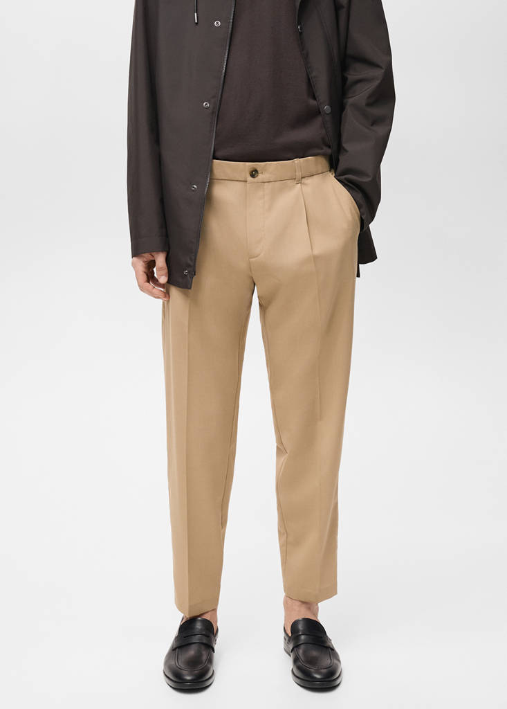 Slim-fit pleated cool wool trousers — Medium Brown