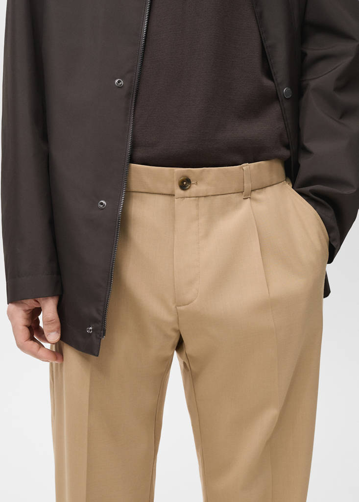 Slim-fit pleated cool wool trousers — Medium Brown