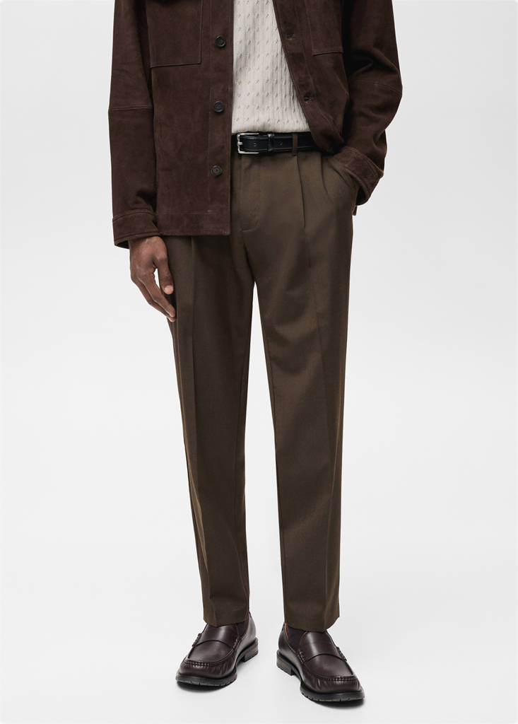 Slim-fit pleated cool wool trousers — Chocolate