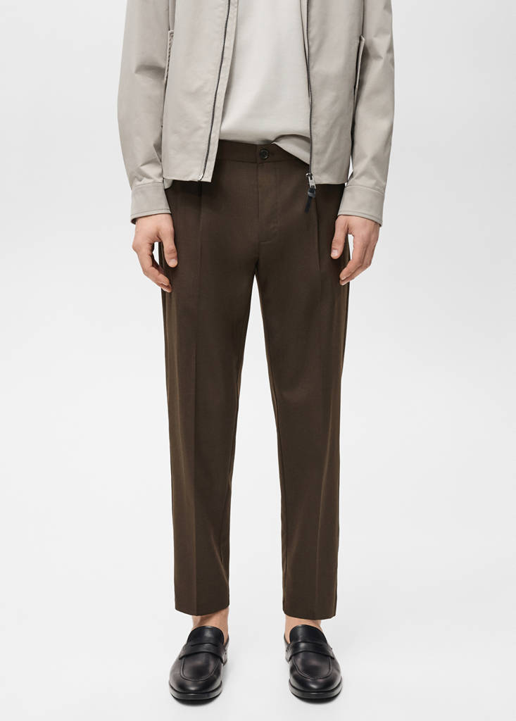 Slim-fit pleated cool wool trousers — Chocolate