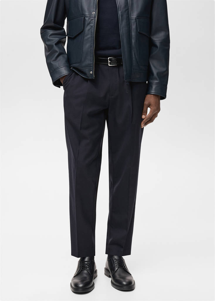 Slim-fit pleated cool wool trousers — Night Blue