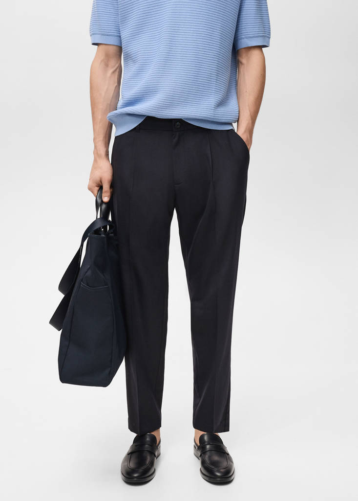 Slim-fit pleated cool wool trousers — Night Blue