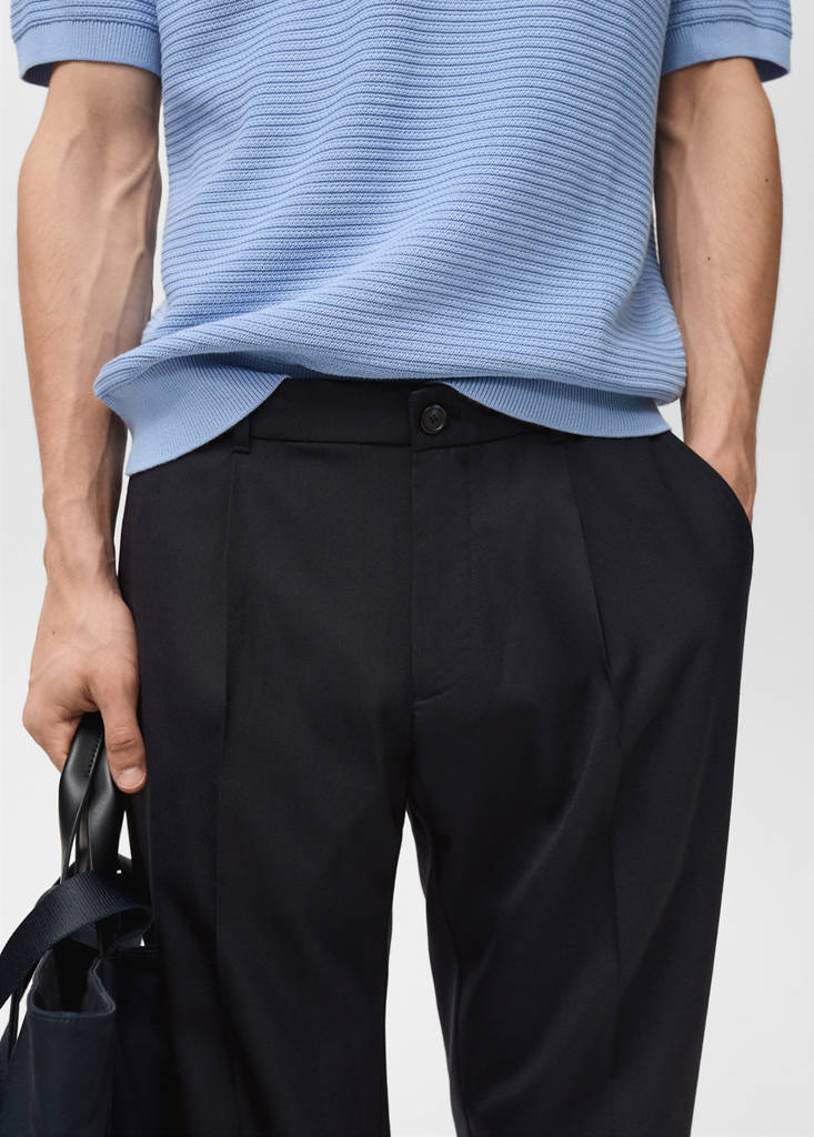 Slim-fit pleated cool wool trousers — Night Blue