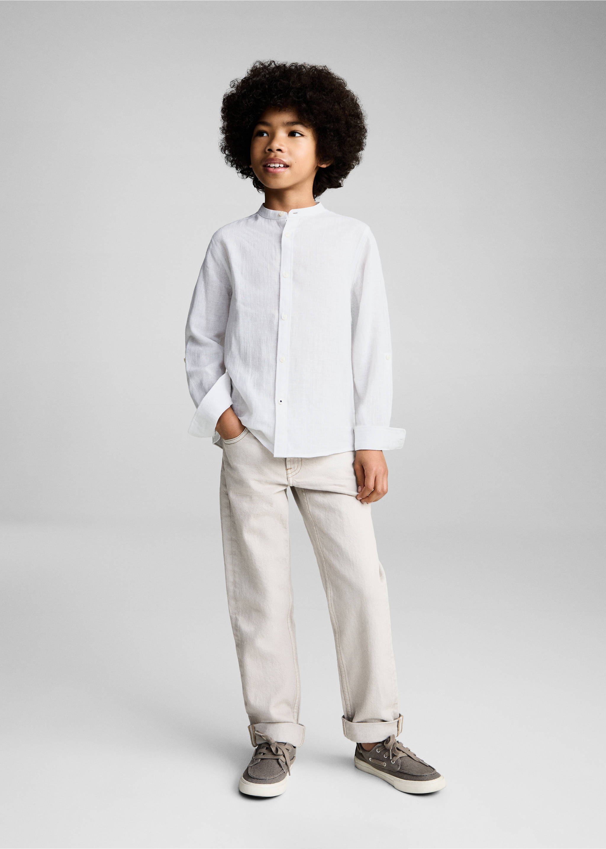 Camisa algodón lino cuello mao - Plano general, Blanco. Ref: 87094403-00.