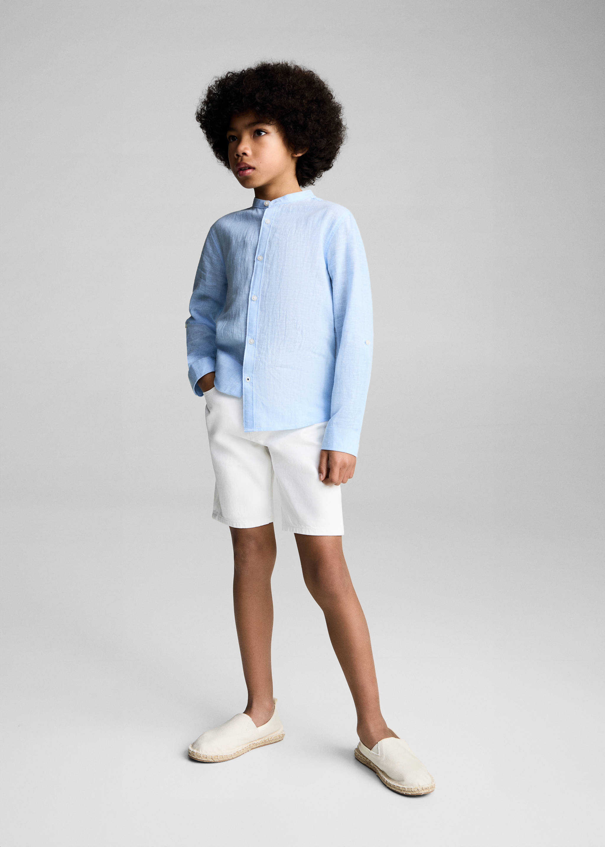 Cotton linen shirt with mandarin collar - General plane