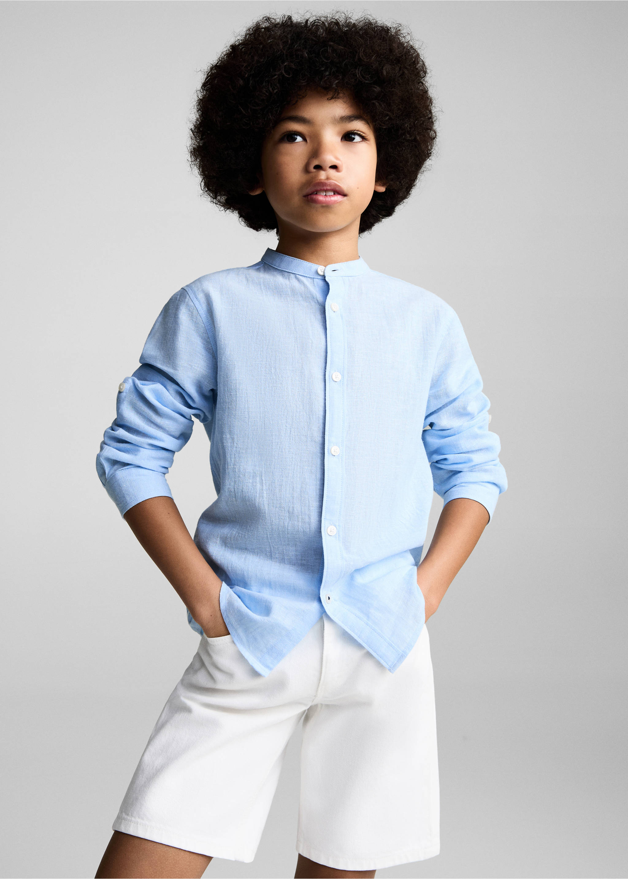 Camisa algodón lino cuello mao - Plano medio, Azul celeste. Ref: 87094403-00.