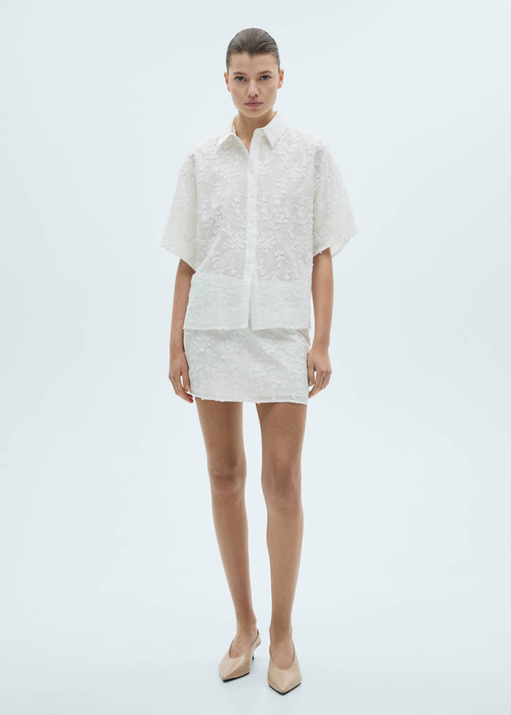 Floral-embroidered cotton skirt — White