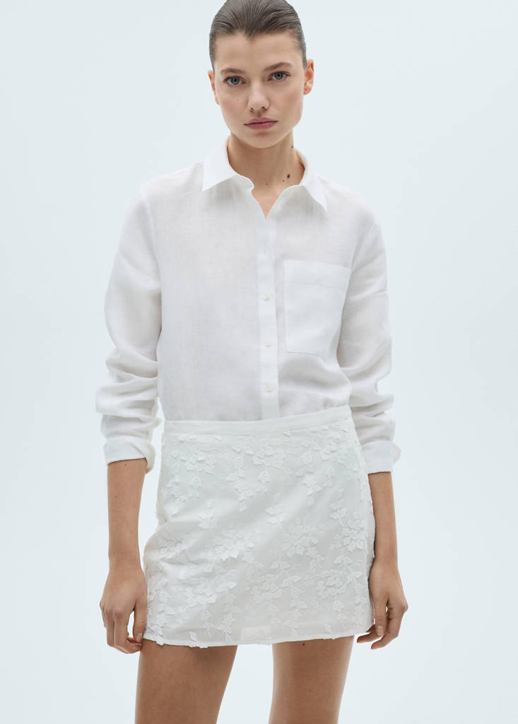 Floral-embroidered cotton skirt — White