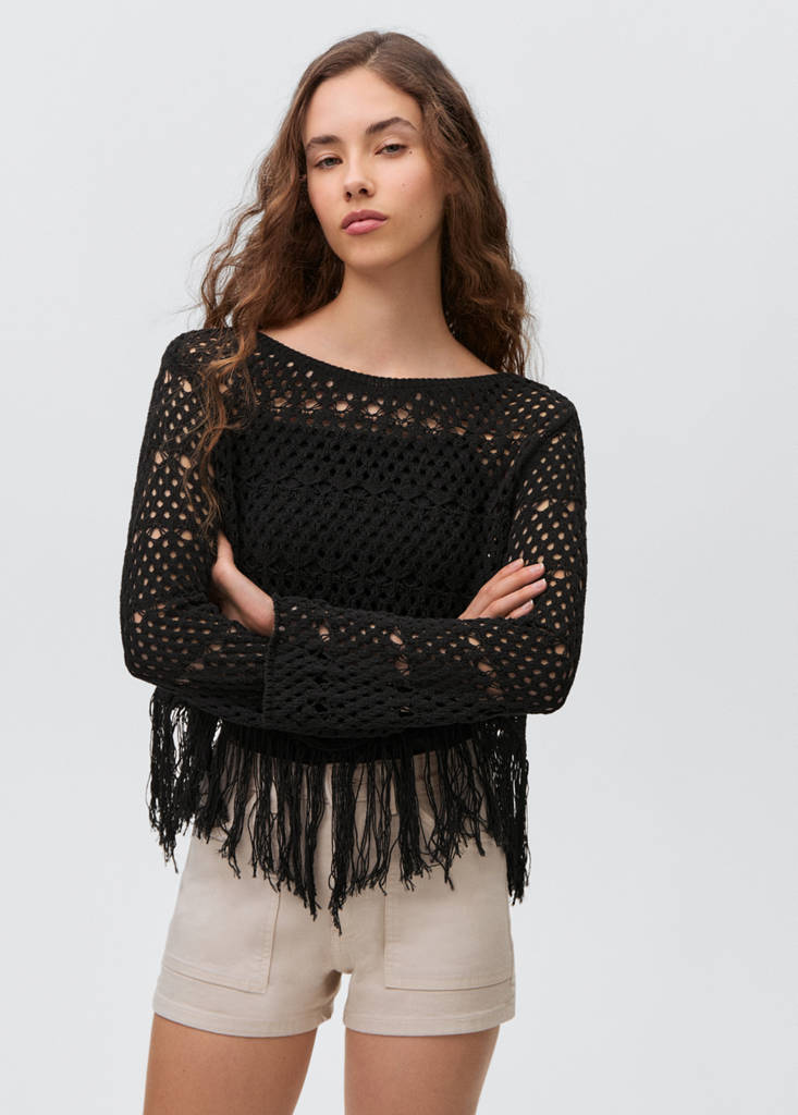 Fringed detail openwork sweater — Black