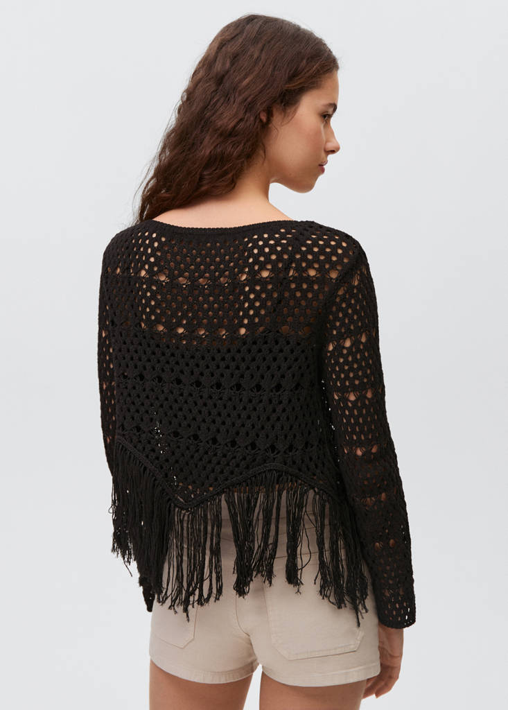 Fringed detail openwork sweater — Black