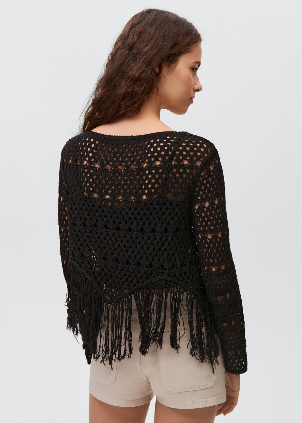 Fringed detail openwork sweater — Black