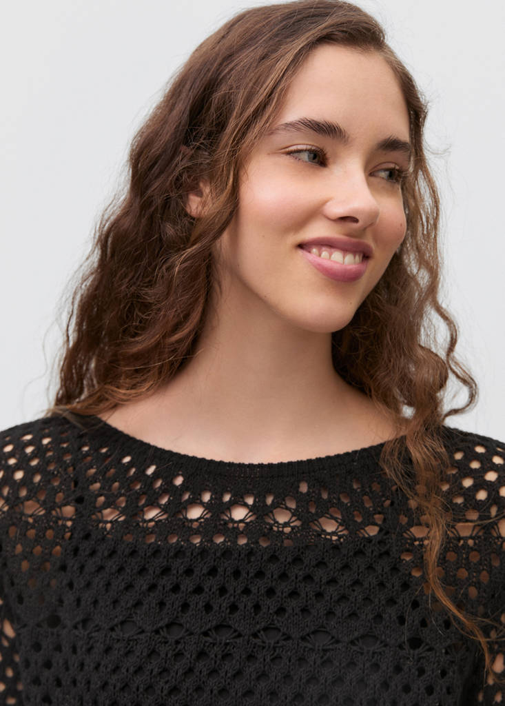 Fringed detail openwork sweater — Black