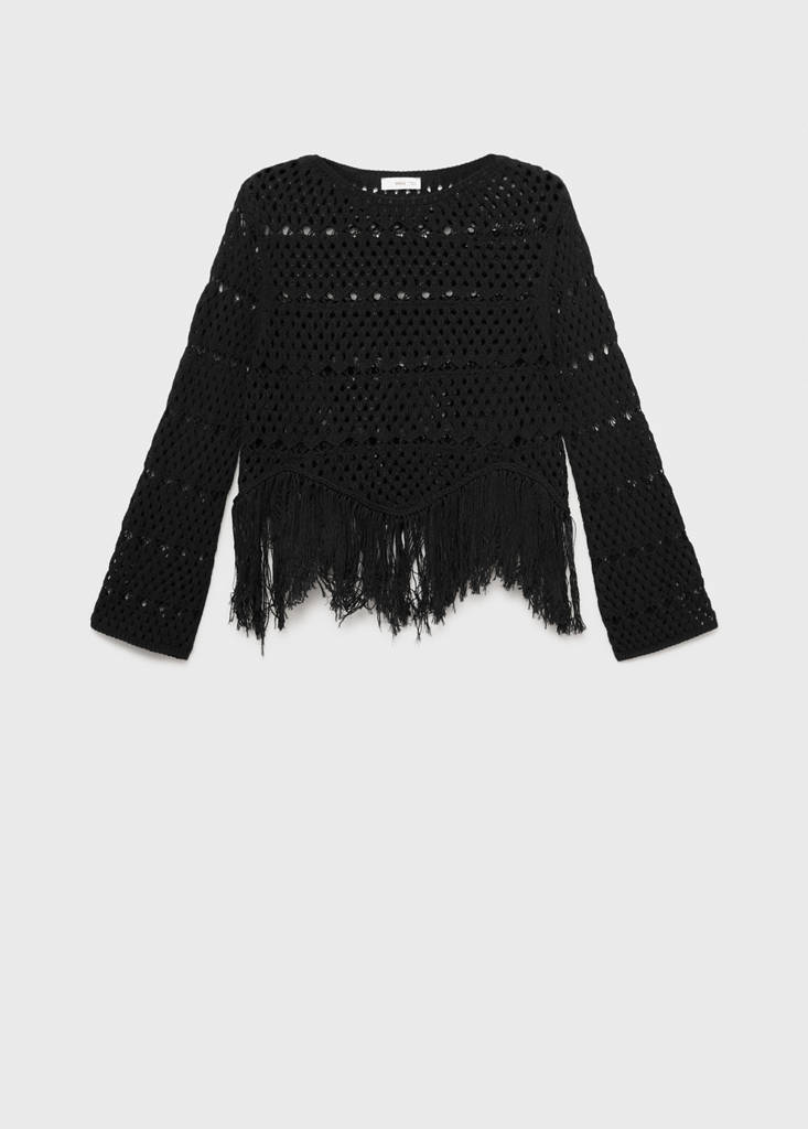 Fringed detail openwork sweater — Black