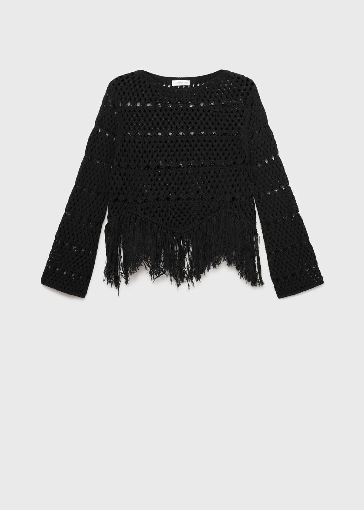 Fringed detail openwork sweater — Black