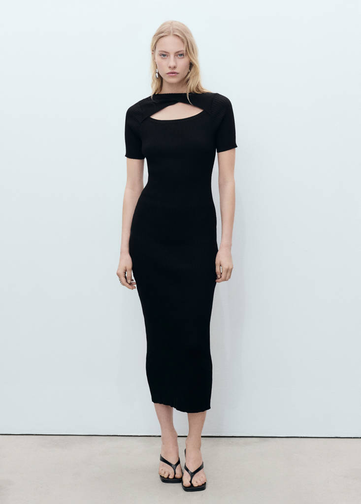 MANGO - Robe midi côtelée avec ouverture au décolleté noir - M