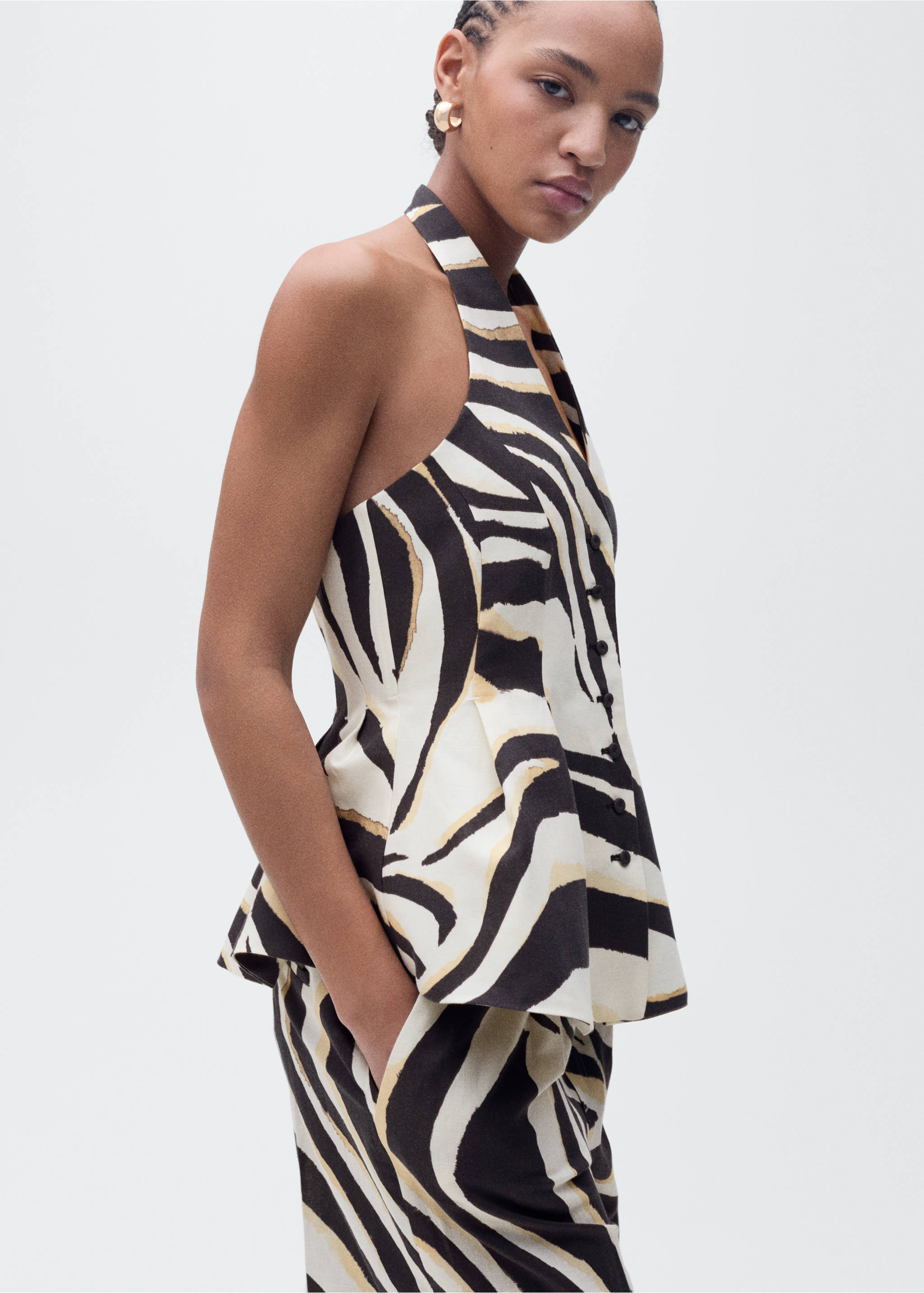 Chaleco halter lino cebra - Plano medio, Beige. Ref: 87095768-00.