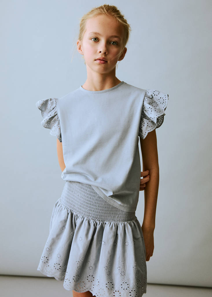 Swiss-embroidered ruffled skirt — Sky Blue