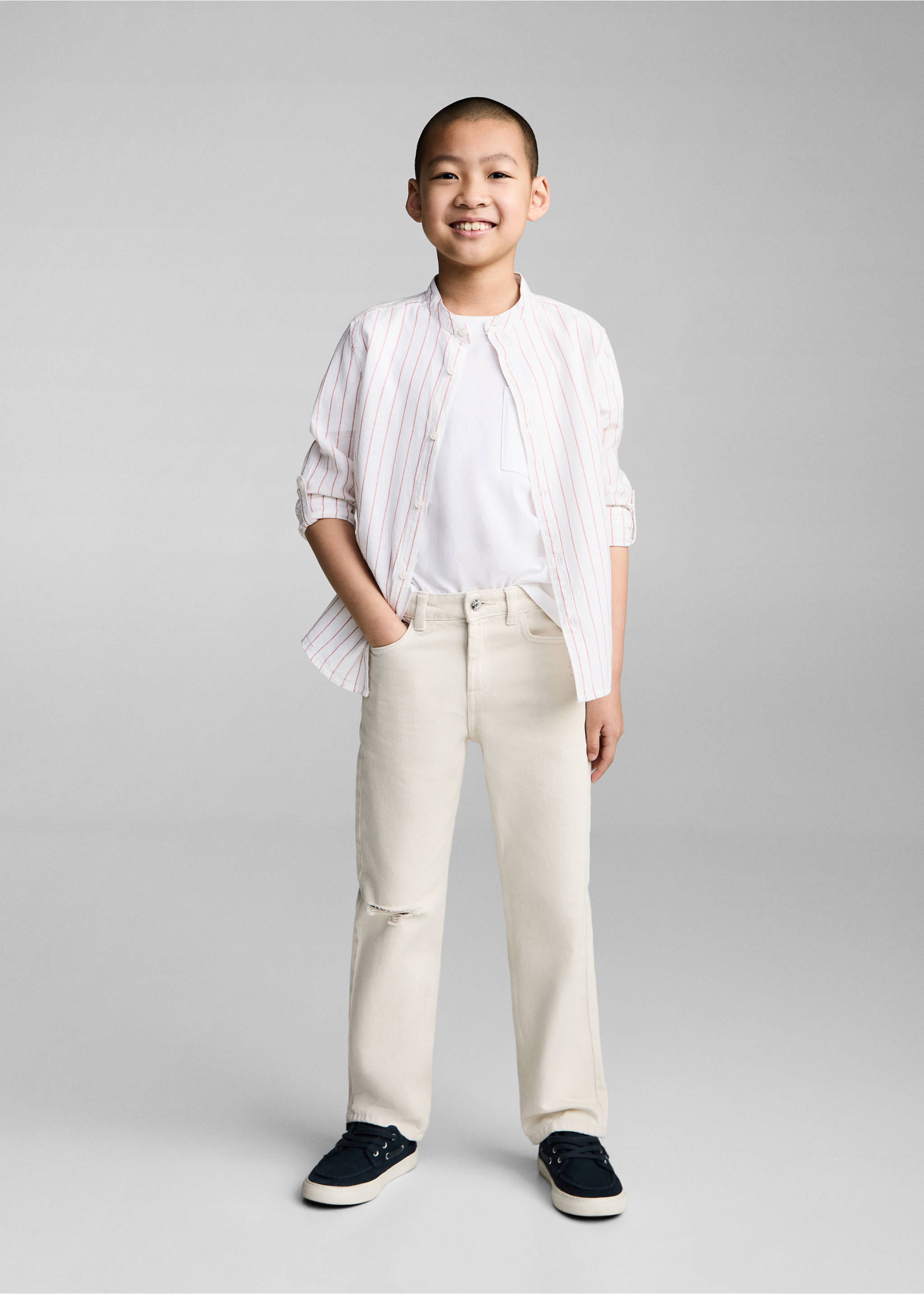 Camisa cuello mao rayas - Plano general, Pimentón. Ref: 87095981-00.