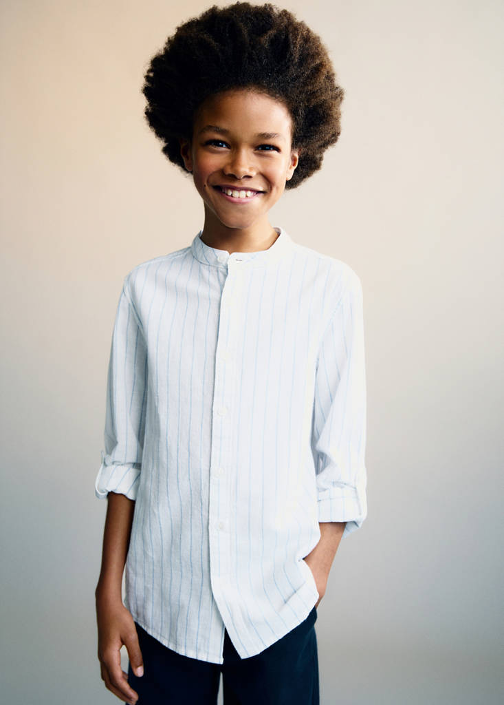 Striped Mao collar shirt — Blue