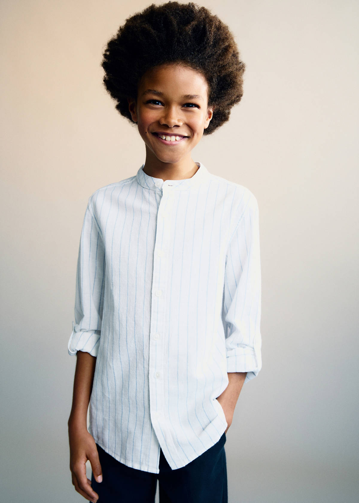 Striped Mao collar shirt — Blue