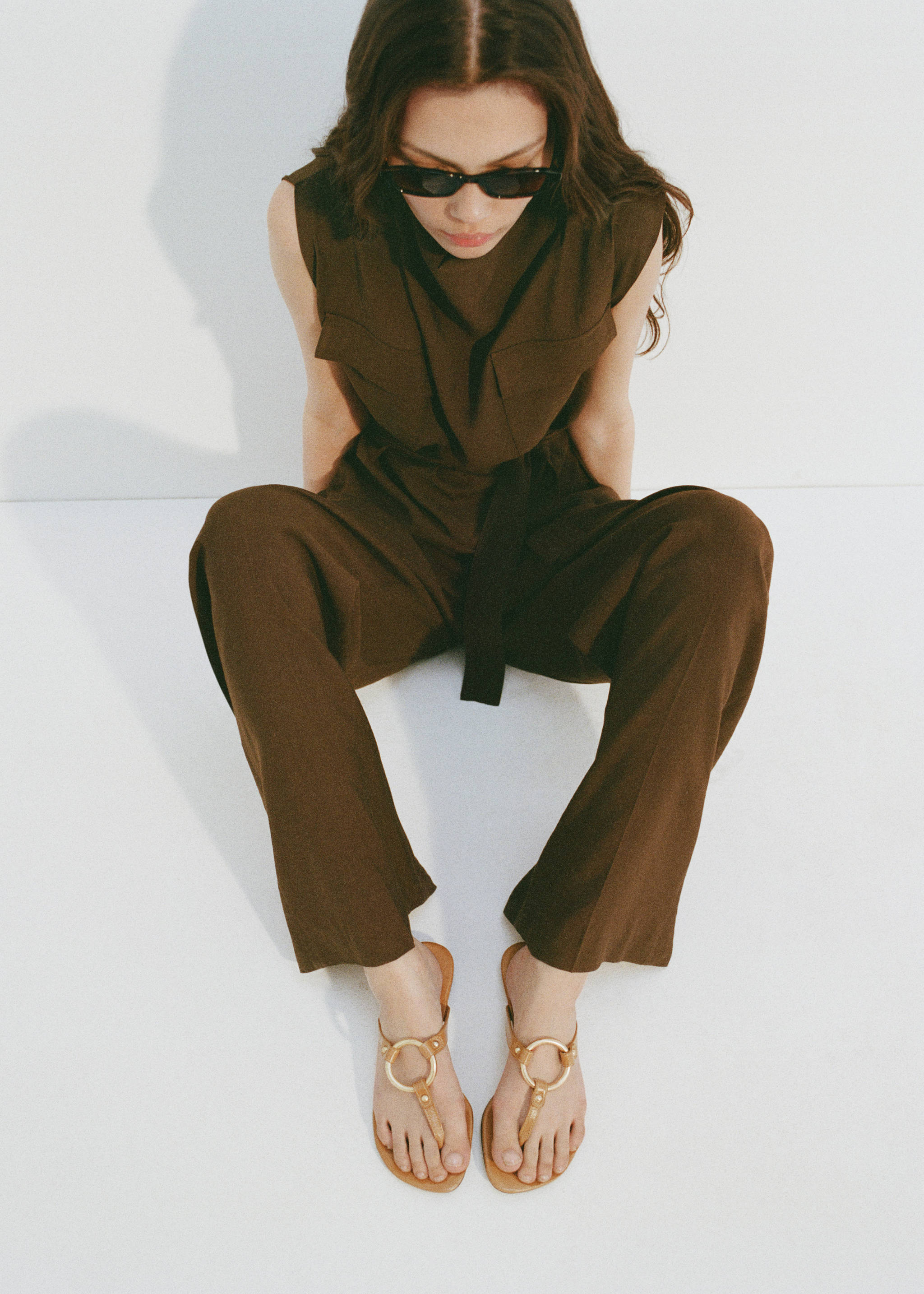 Tan flat sandals with metal ring detail worn with a brown jumpsuit., Medium Brown. Ref: 87095993-00.
