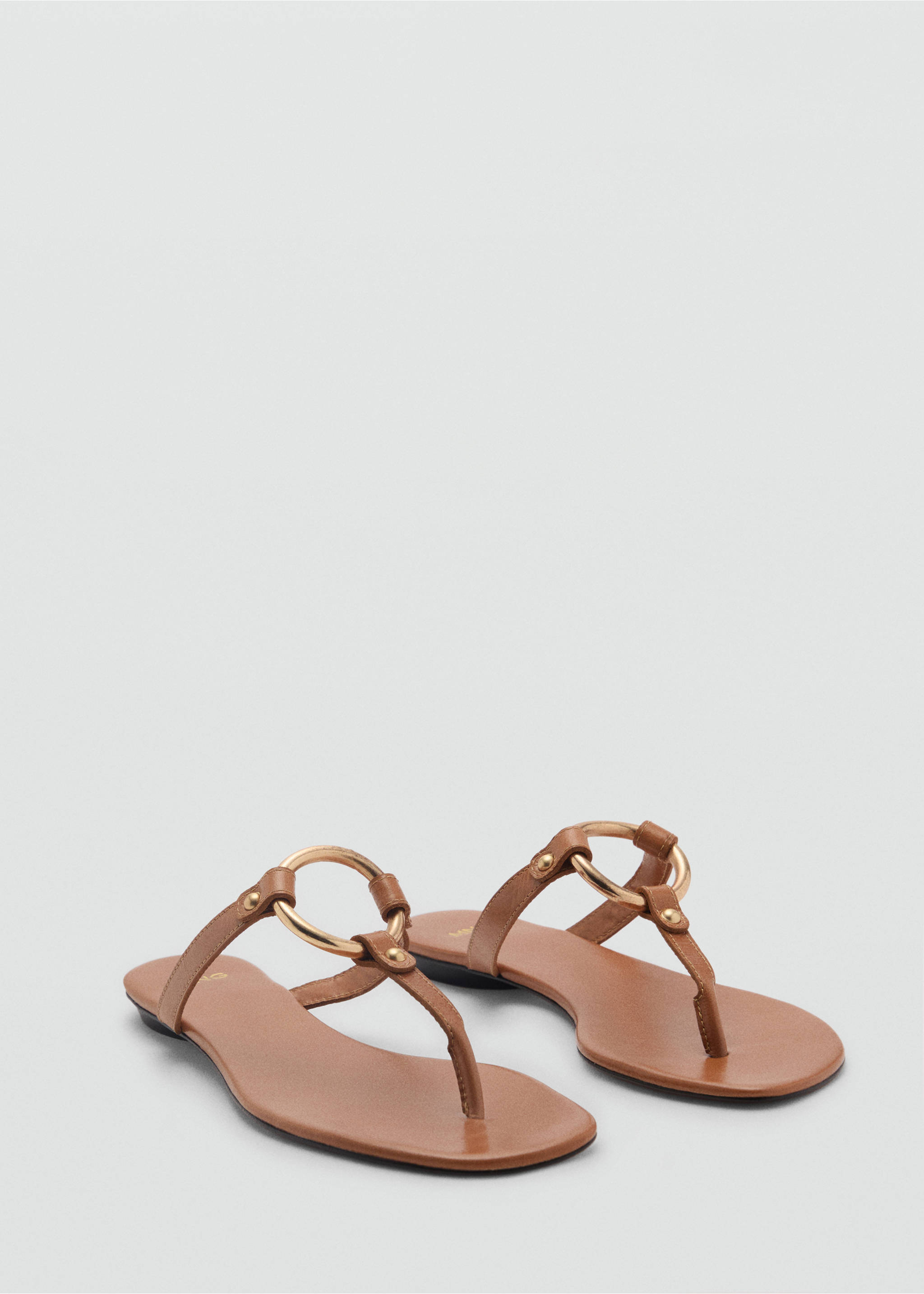 Brown flat thong sandals featuring a metallic gold ring detail., Medium Brown. Ref: 87095993-00.