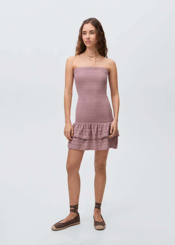 Ruched short dress with flounce hem — Pastel Pink