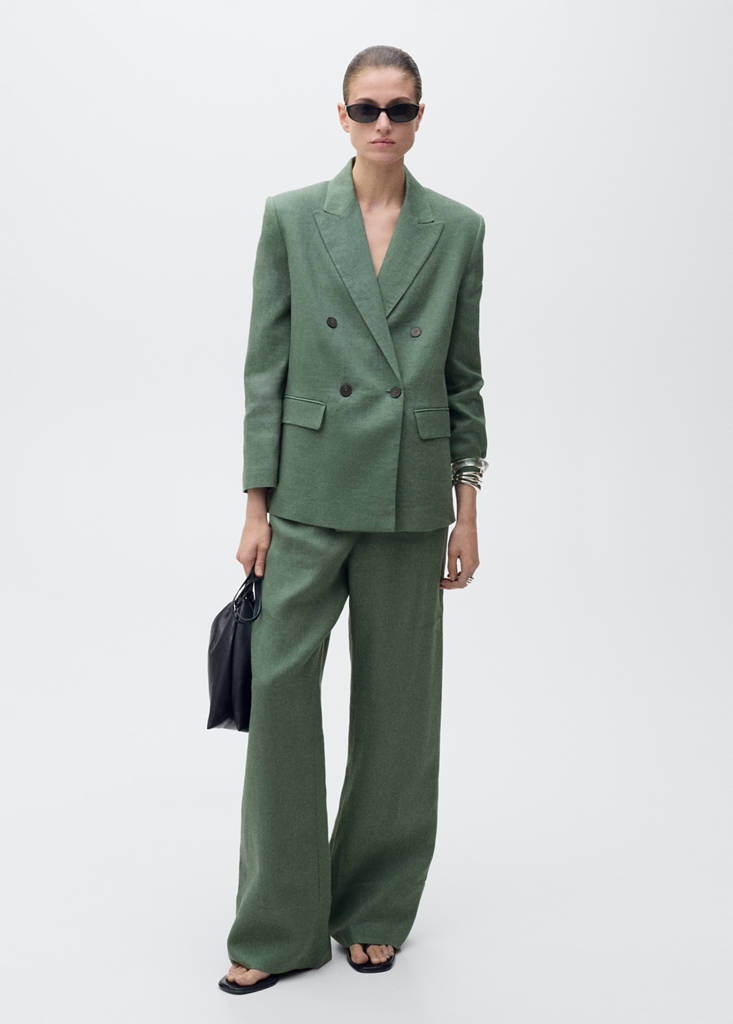 MANGO - Blazer costume lin vert forêt - L