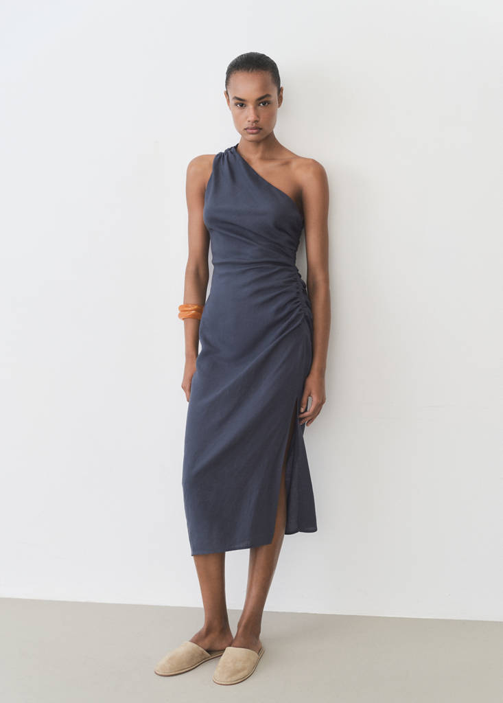 MANGO - Robe asymétrique détails froncés bleu indigo - XS