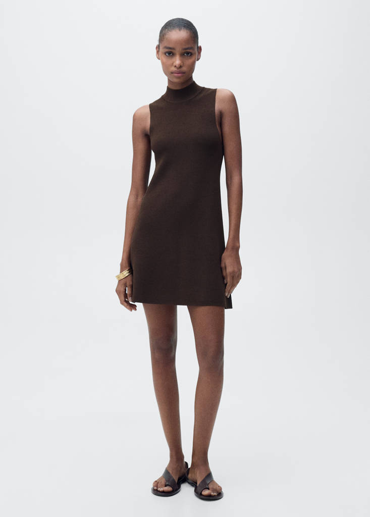 Perkins-neck knitted dress — Chocolate