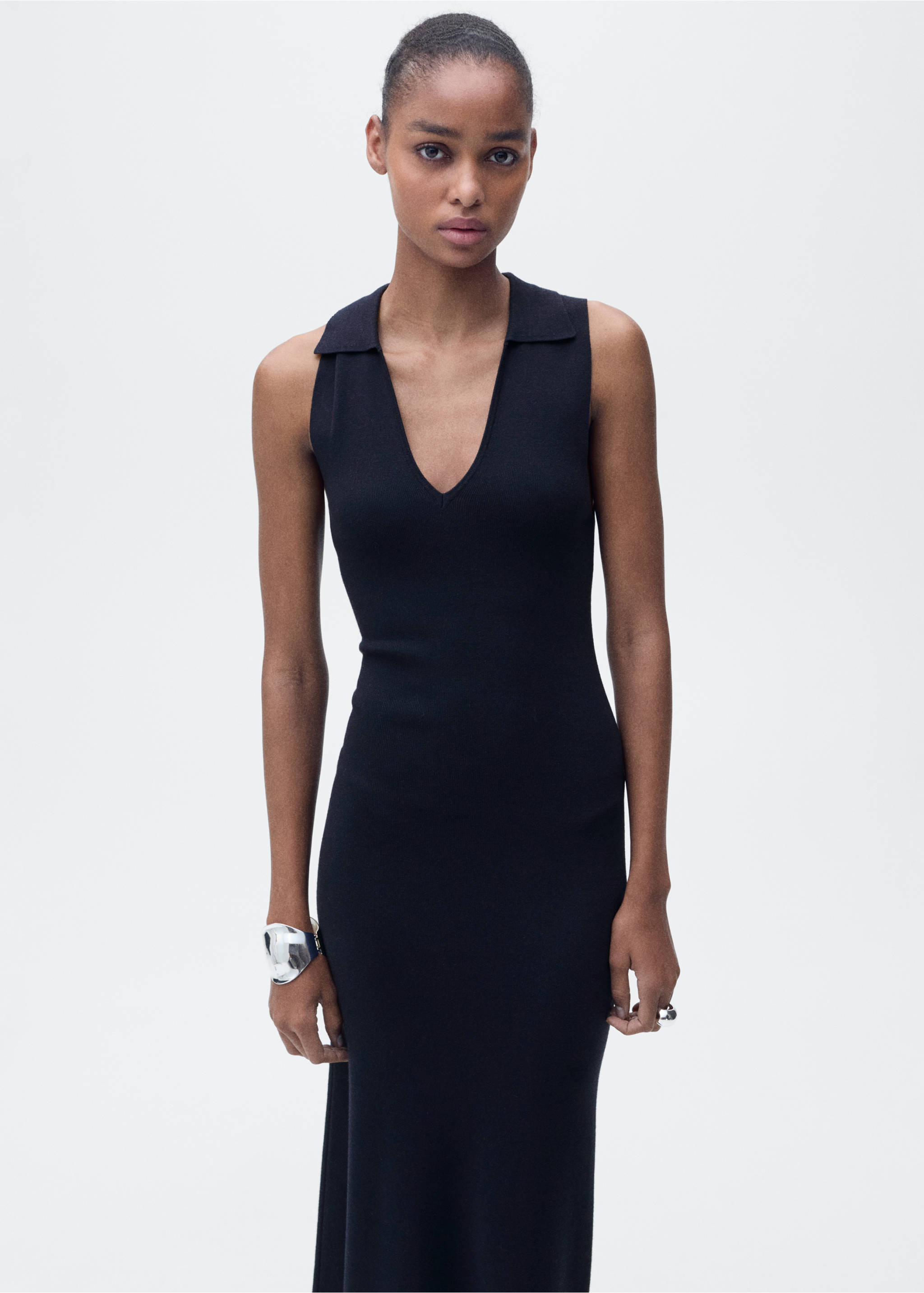 Knitted midi-dress with lapels - Medium plane, Dark Navy. Ref: 87097185-00.