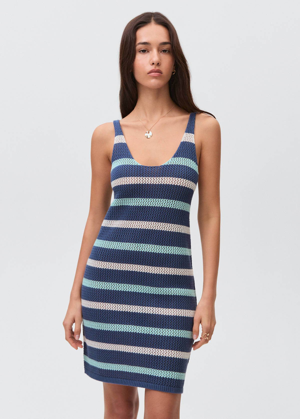 Striped openwork knitted dress — Blue
