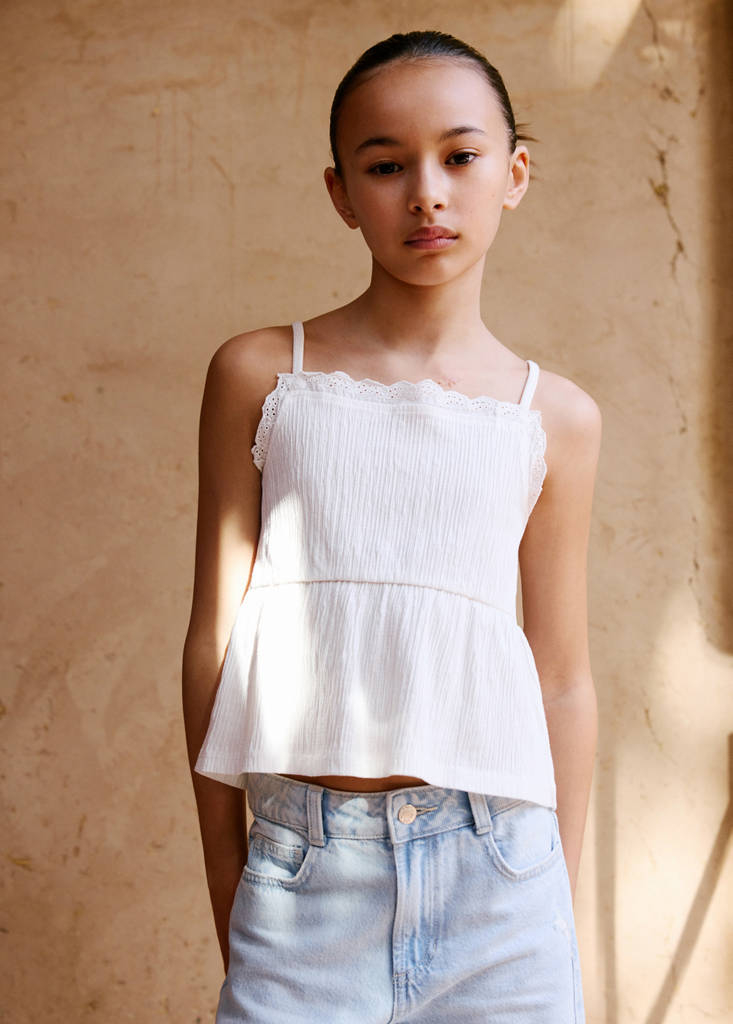 Top with Swiss embroidery detail — Off White
