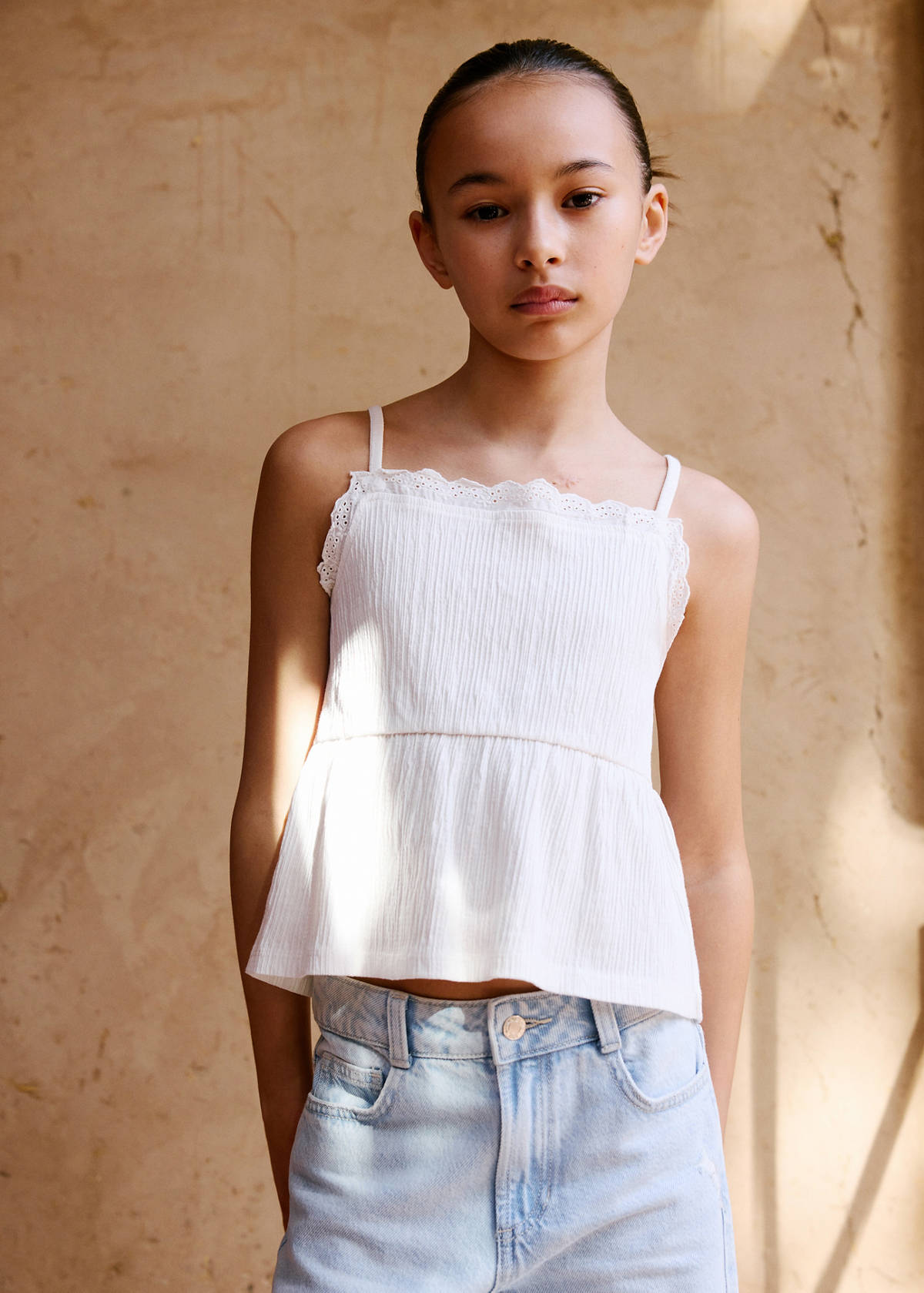 Top with Swiss embroidery detail — Off White