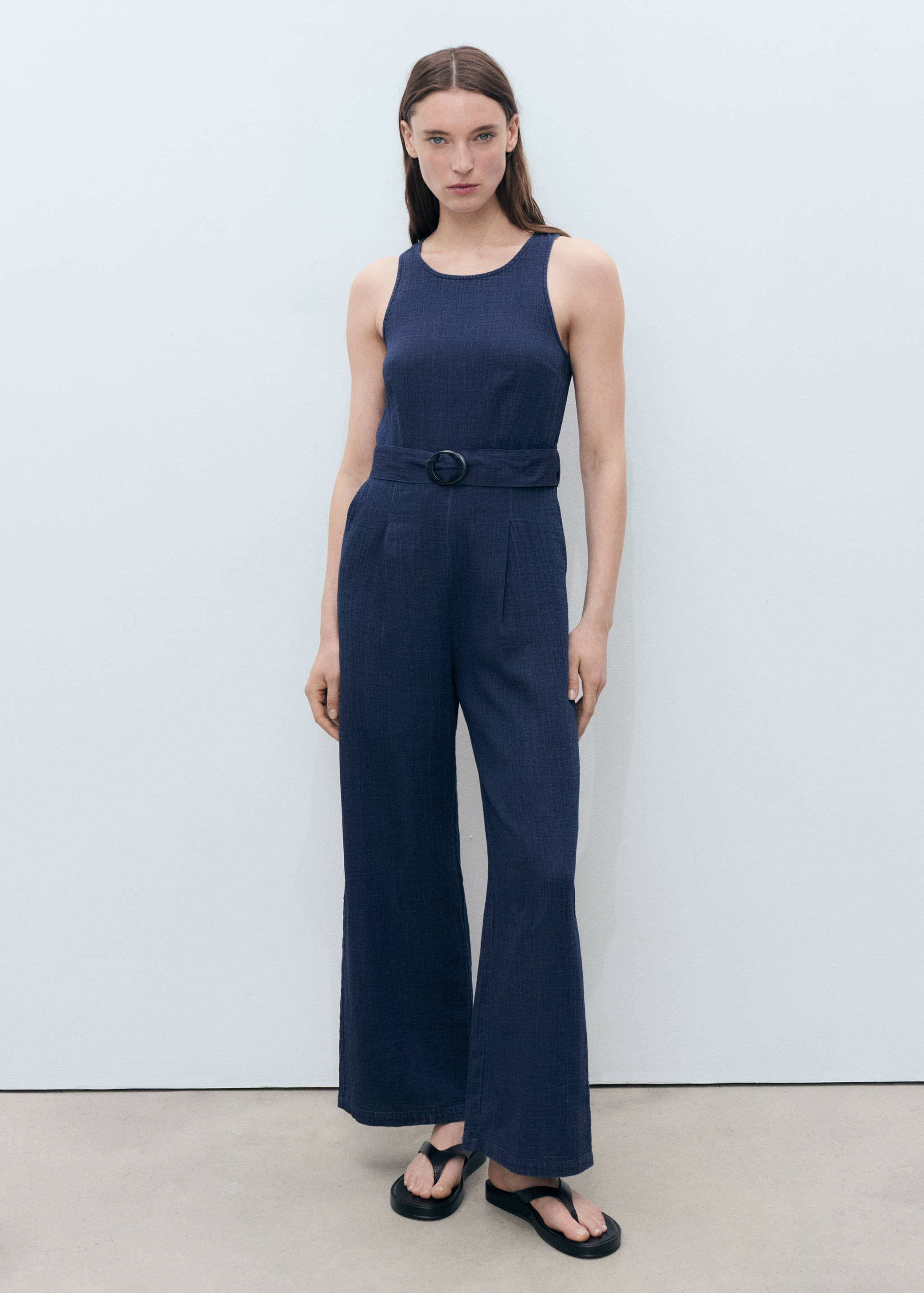 Flowy denim jumpsuit with belt - General plane