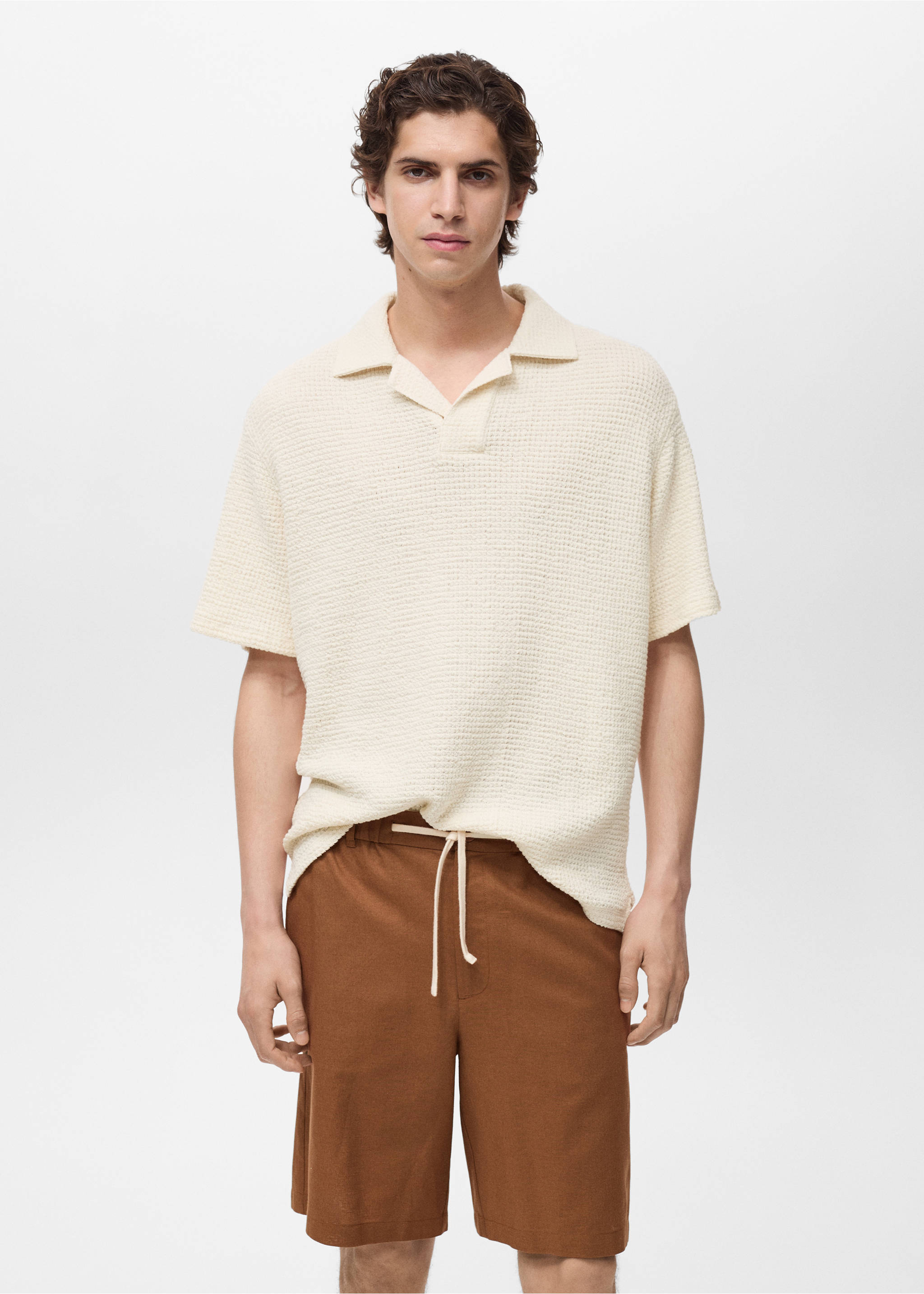 Polo algodón crochet - Plano medio, Blanco marfil. Ref: 87099207-00.